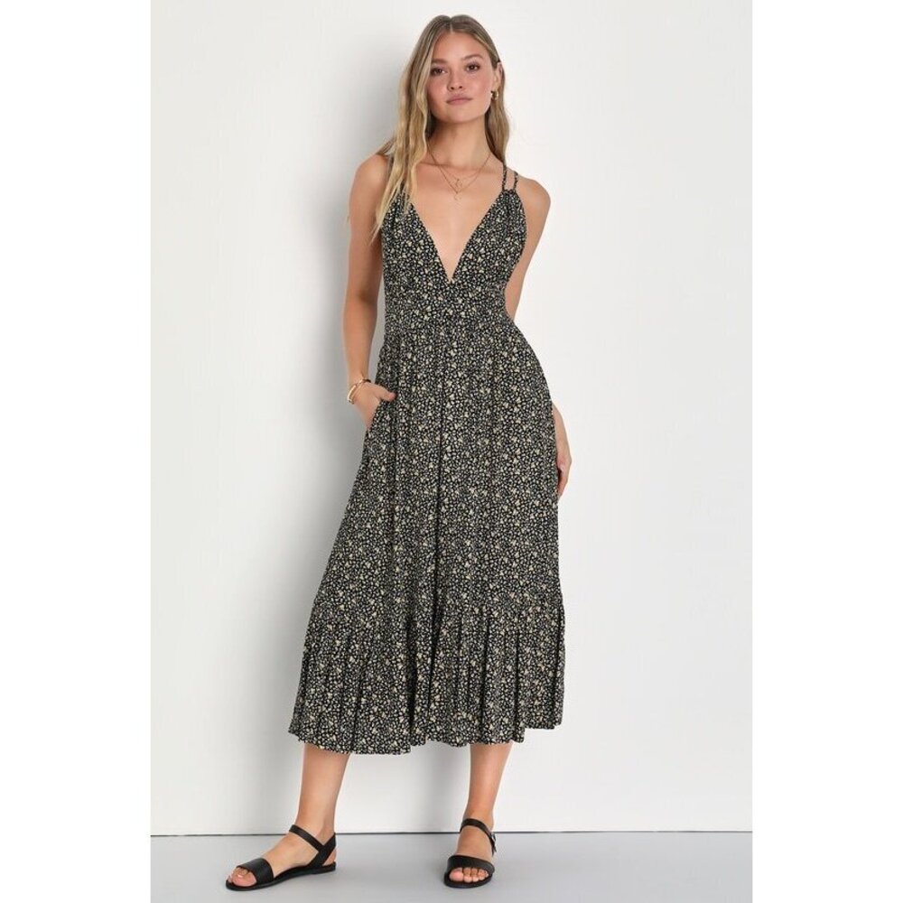 Lulus Summertime Scene Black Floral Backless Midi Dress With Pockets - Size S